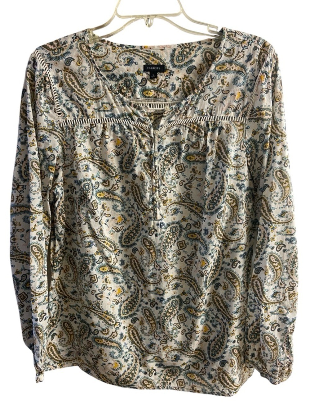Talbots Cream Paisley Long-Sleeve Split-Neck Blouse cotton Large